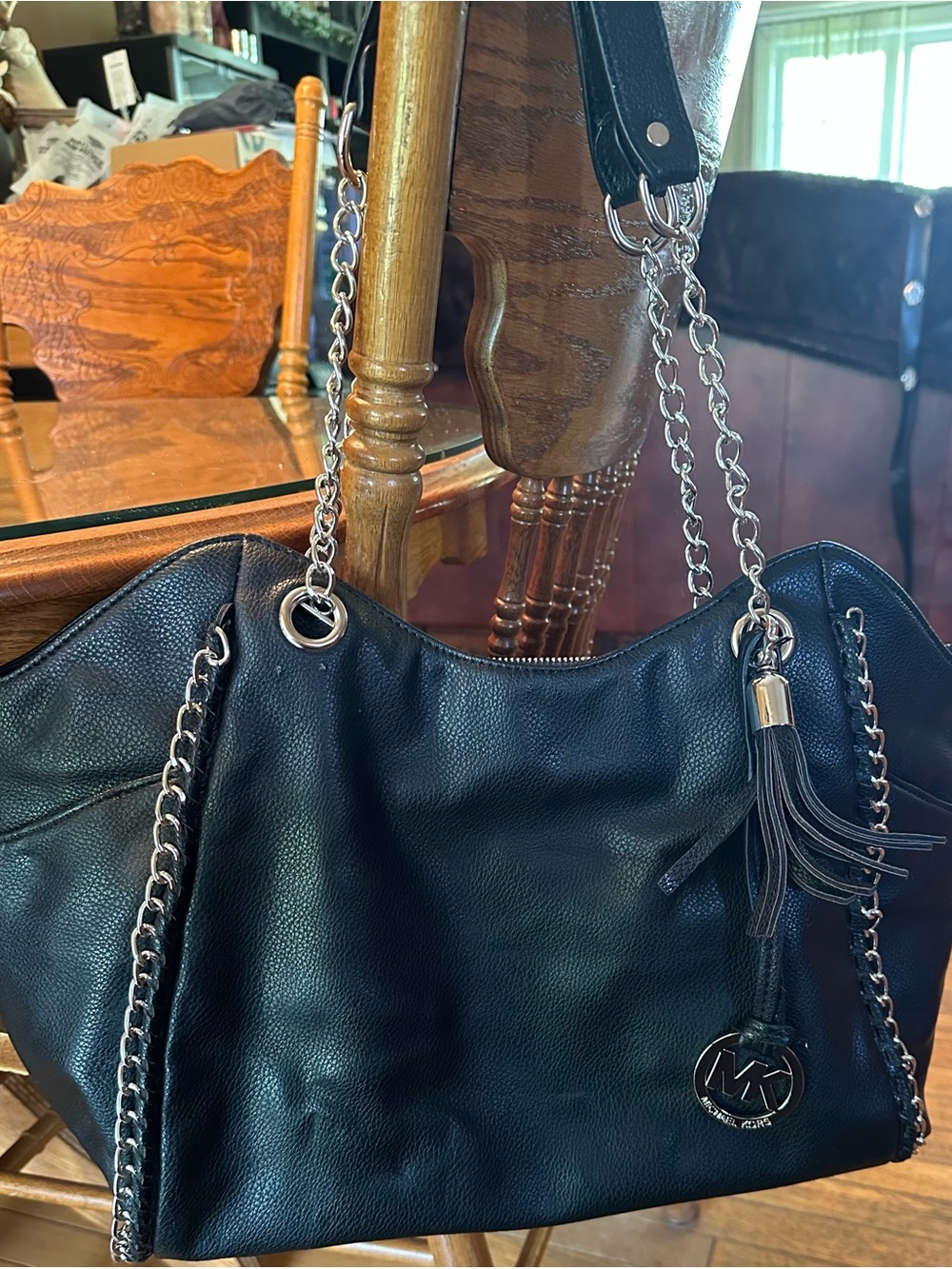 Michael Kors Black Pebbled Leather Shoulder Bag with Chain Straps
